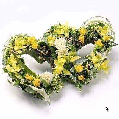 <h2>Double Heart-Shaped Design in Yellow | Funeral Flowers</h2>
<ul>
<li>Approximate Size W 50cm H 60cm</li>
<li>Hand created double open heart in shades of yellow</li>
<li>To give you the best we may occasionally need to make substitutes</li>
<li>Funeral Flowers will be delivered at least 2 hours before the funeral</li>
<li>For delivery area coverage see below</li>
</ul>
<br>
<h2><br />Liverpool Flower Delivery</h2>
<p>We have a wide selection of Funeral Hearts offered for Liverpool Flower Delivery. Funeral Hearts can be provided for you in Liverpool, Merseyside and we can organize Funeral flower deliveries for you nationwide. Funeral Flowers can be delivered to the Funeral directors or a house address. They can not be delivered to the crematorium or the church.</p>
<br>
<h2>Flower Delivery Coverage</h2>
<p>Our shop delivers funeral flowers to the following Liverpool postcodes L1 L2 L3 L4 L5 L6 L7 L8 L11 L12 L13 L14 L15 L16 L17 L18 L19 L24 L25 L26 L27 L36 L70 If your order is for an area outside of these we can organise delivery for you through our network of florists. We will ask them to make as close as possible to the image but because of the difference in stock and sundry items, it may not be exact.</p>
<br>
<h2>Liverpool Funeral Flowers | Hearts</h2>
<p>This beautiful design includes mini cymbidium orchids, carnations, alstroemeria, roses and hypericum in shades of yellow are nestled into two open heart shapes. Loops of steel grass white calla lily complete this elegant design.</p>
<br>
<p>When a heart is sent as a funeral tribute it is symbolic of comfort in ones last resting place. It makes deeply personal statement that is indicative of the love and compassion felt by immediate family or closely bereaved.</p>
<br>
<p>Contents of the product:23 inch heart frame, 10 yellow roses, 1 green mini cymbidium orchid, 3 cream carnations, 2 cream alstroemeria, 1 molucella, 4 ammo, 2 white small calla lily, 5 Hypericum, 2 phormium together with snake grass, steel grass and mixed foliages.</p>
<br>
<h2>Best Florist in Liverpool</h2>
<p>Trust Award-winning Liverpool Florist, Booker Flowers and Gifts, to deliver funeral flowers fitting for the occasion delivered in Liverpool, Merseyside and beyond. Our funeral flowers are handcrafted by our team of professional fully qualified who not only lovingly hand make our designs but hand-deliver them, ensuring all our customers are delighted with their flowers. Booker Flowers and Gifts your local Liverpool Flower shop.</p>
<p><br /><br /></p>
<p><em>Jane Catherine and family - Review by post - Funeral Florist Liverpool</em></p>
<br>
<p><em>Thank you so much for the amazing flowers you arranged for our mum she would have loved them. Love Jane, Catherine and family</em></p>